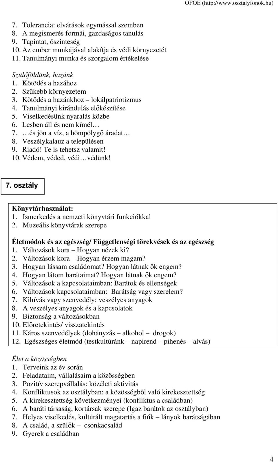 Viselkedésünk nyaralás közbe 6. Lesben áll és nem kímél 7. és jön a víz, a hömpölygő áradat 8. Veszélykalauz a településen 9. Riadó! Te is tehetsz valamit! 10. Védem, véded, védi védünk! 7. osztály 1.