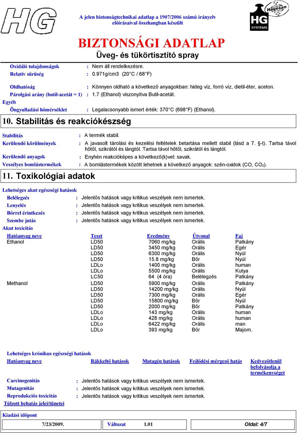 irányelv 0.971g/cm (20 C / 68 F) Stabilitás és reakciókészség Kerülendő anyagok Veszélyes bomlástermékek 11.