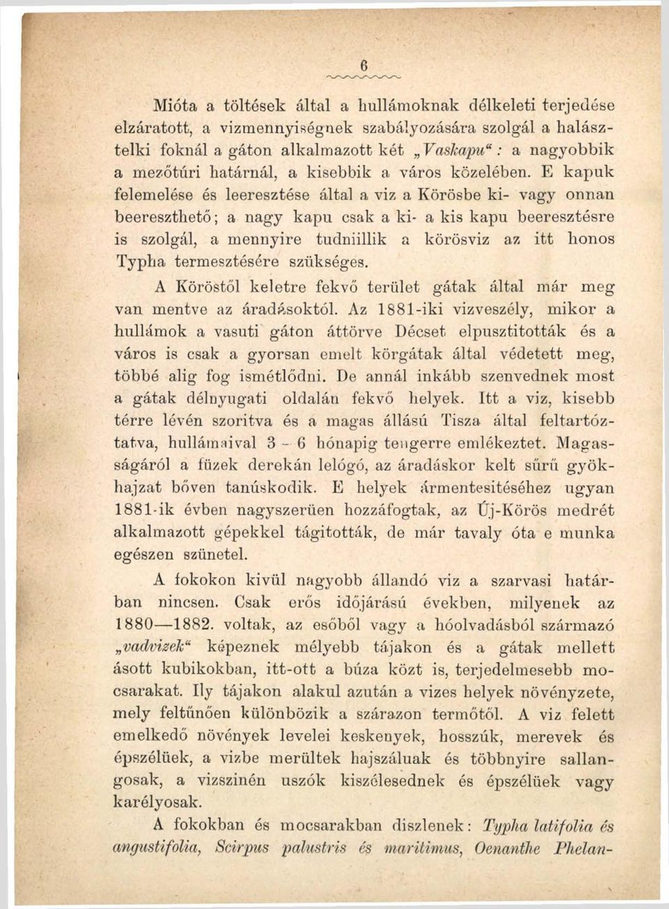 E kapuk felemelése és leeresztése által a viz a Körösbe ki- vagy onnan beereszthető; a nagy kapu csak a ki- a kis kapu beeresztésre is szolgál, a mennyire tudniillik a körösviz az itt honos Typha