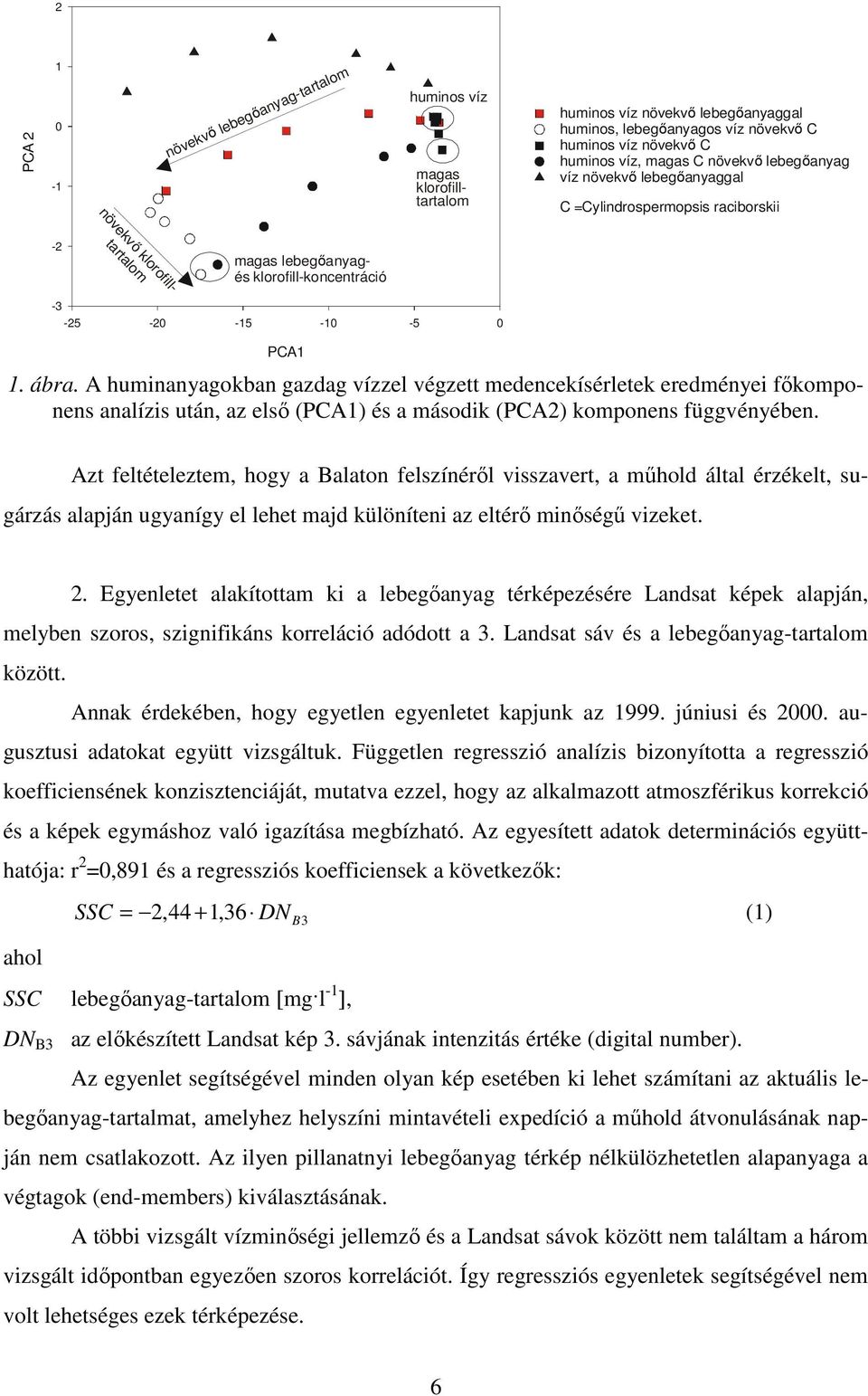 A huminanyagokban gazdag vízzel végzett medencekísérletek eredményei fıkomponens analízis után, az elsı (PCA1) és a második (PCA2) komponens függvényében.