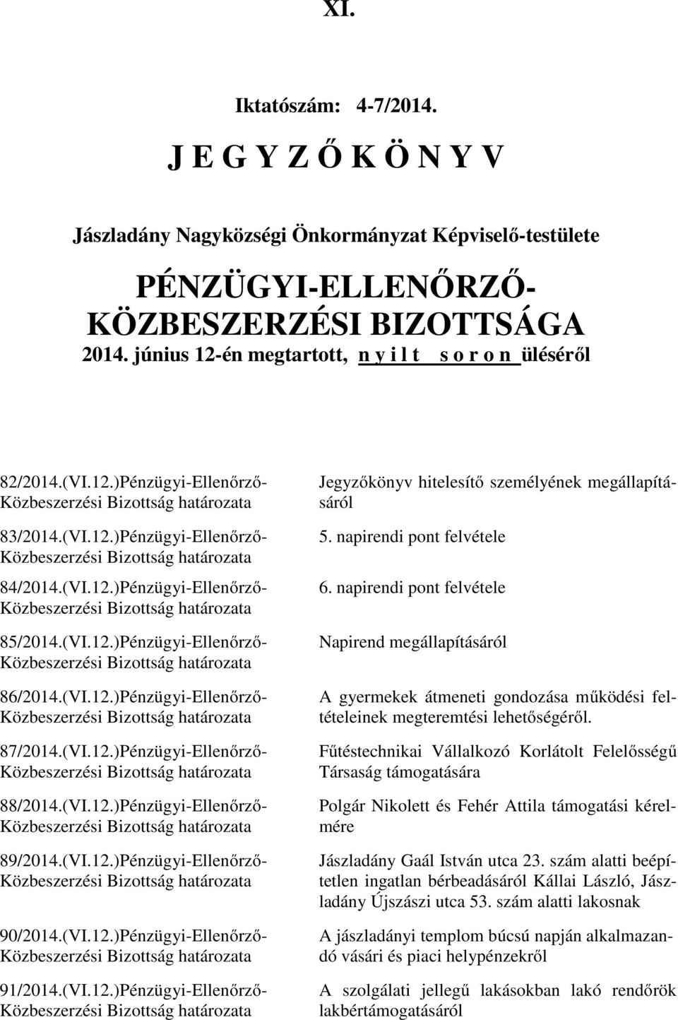 (VI.12.)Pénzügyi-Ellenőrző- 86/2014.(VI.12.)Pénzügyi-Ellenőrző- 87/2014.(VI.12.)Pénzügyi-Ellenőrző- 88/2014.(VI.12.)Pénzügyi-Ellenőrző- Polgár Nikolett és Fehér Attila támogatási kérelmére 89/2014.