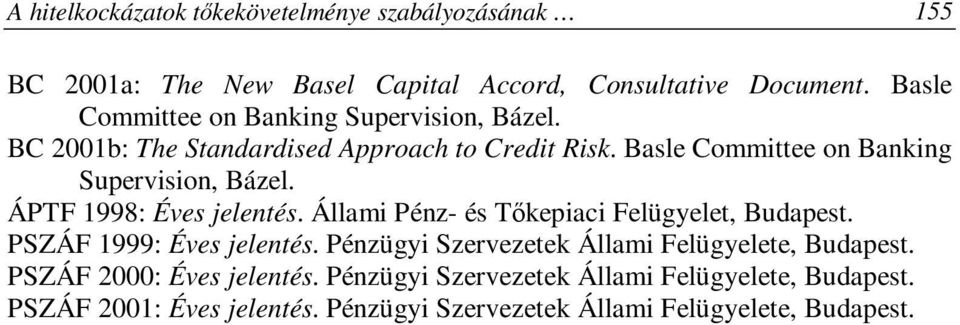 Basle Committee on Banking Supervision, Bázel. ÁPTF 1998: Éves jelentés. Állami Pénz- és Tőkepiaci Felügyelet, Budapest.