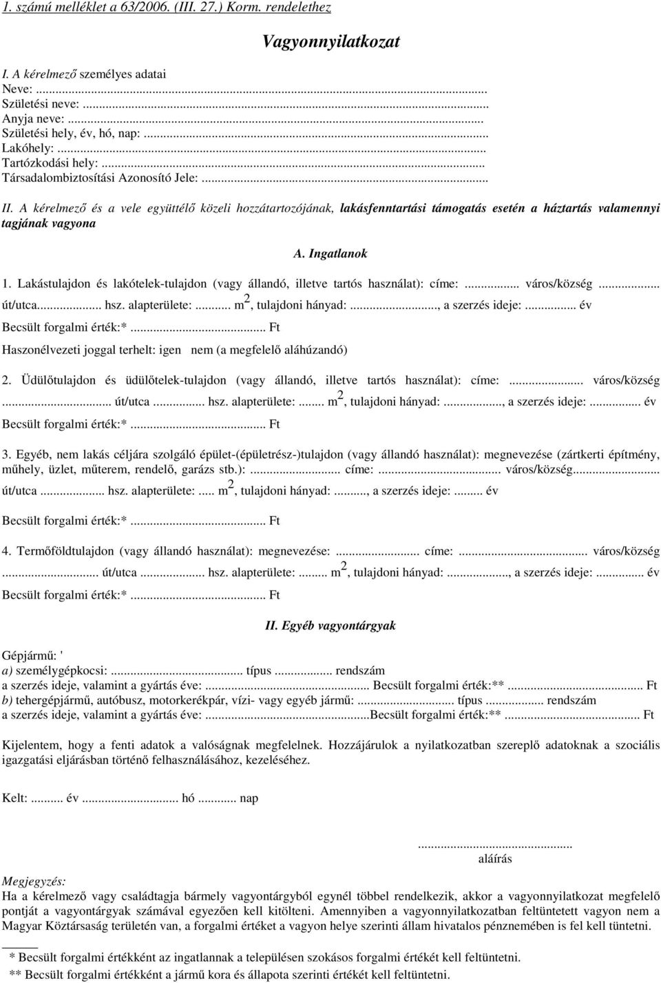 A kérelmező és a vele együttélő közeli hozzátartozójának, lakásfenntartási támogatás esetén a háztartás valamennyi tagjának vagyona A. Ingatlanok 1.