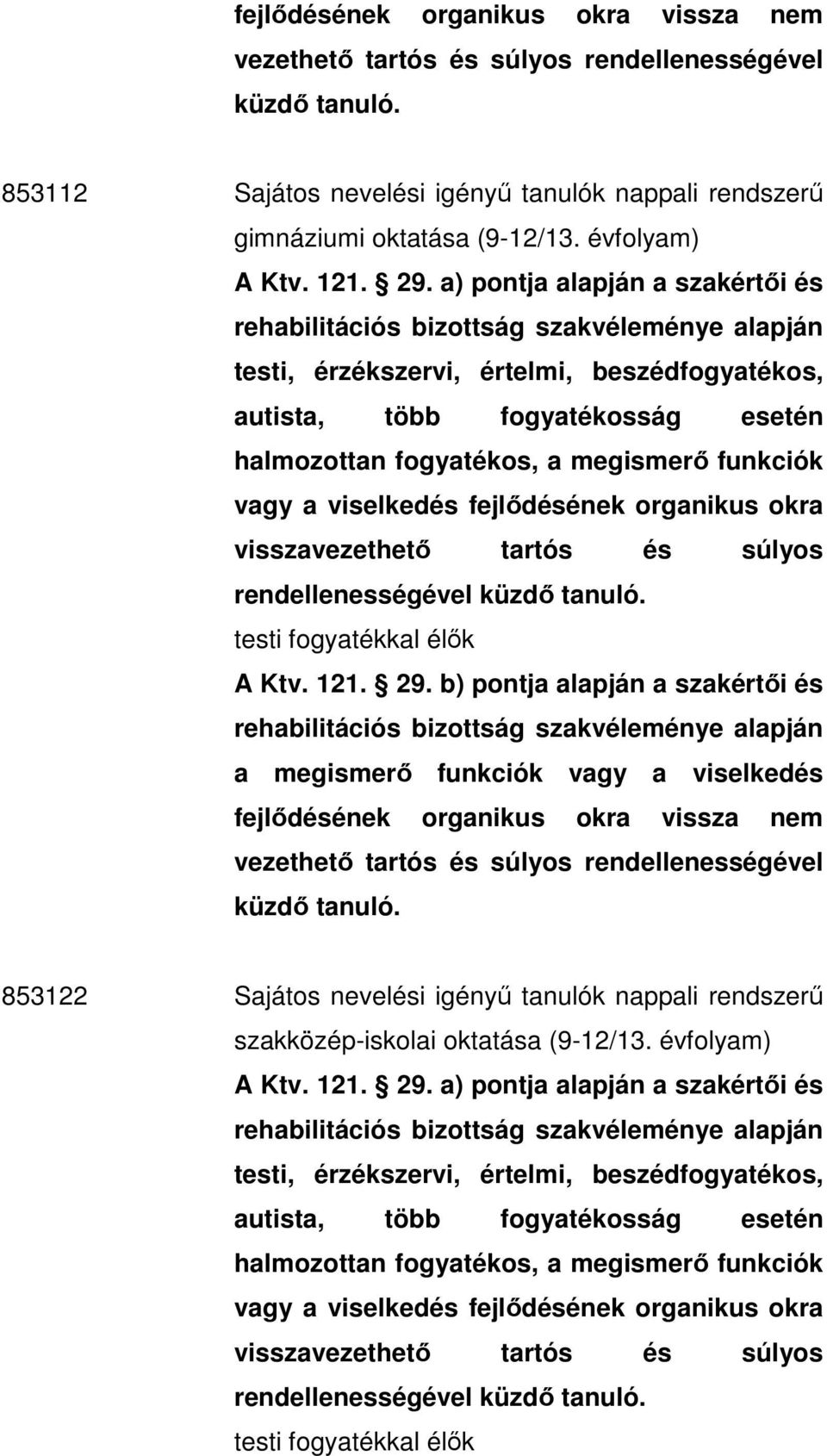 évfolyam) 853122 Sajátos nevelési igényő tanulók