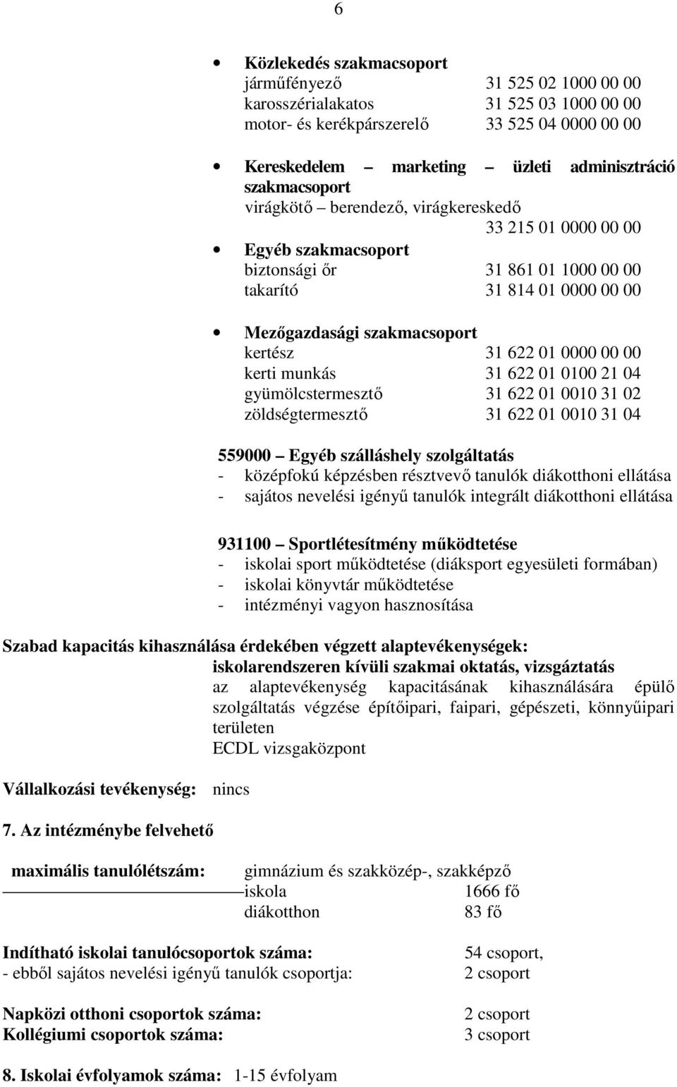 01 0000 00 00 kerti munkás 31 622 01 0100 21 04 gyümölcstermesztı 31 622 01 0010 31 02 zöldségtermesztı 31 622 01 0010 31 04 559000 Egyéb szálláshely szolgáltatás - középfokú képzésben résztvevı