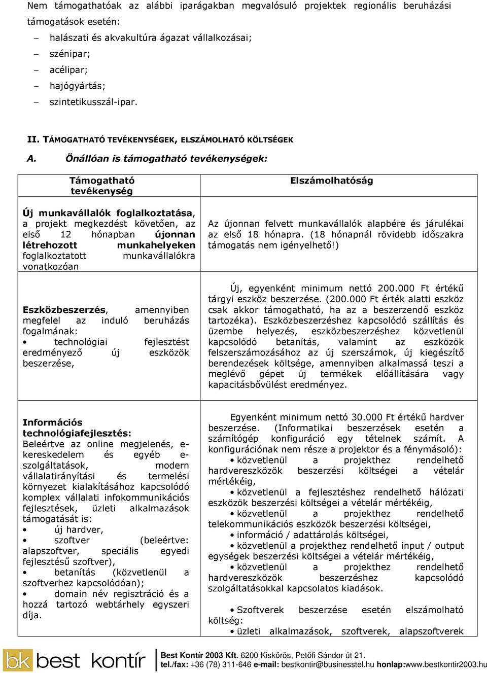 Önállóan is támogatható tevékenységek: Támogatható tevékenység Új munkavállalók foglalkoztatása, a projekt megkezdést követıen, az elsı 12 hónapban újonnan létrehozott munkahelyeken foglalkoztatott