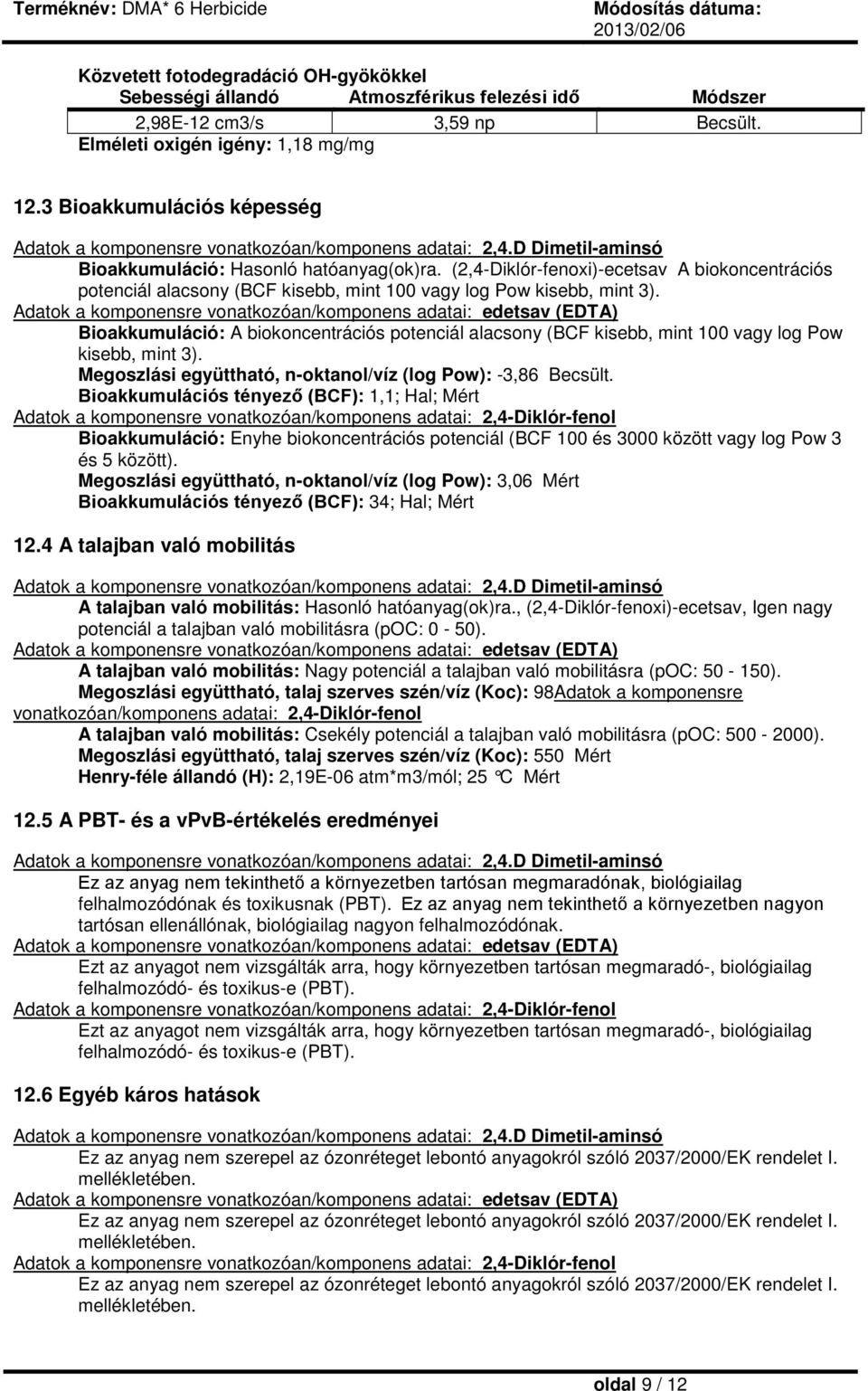 (2,4-Diklór-fenoxi)-ecetsav A biokoncentrációs potenciál alacsony (BCF kisebb, mint 100 vagy log Pow kisebb, mint 3).