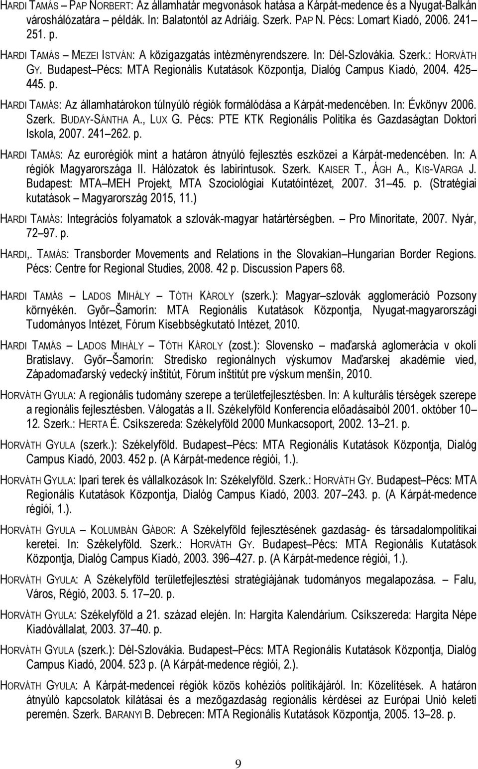 HARDI TAMÁS: Az államhatárokon túlnyúló régiók formálódása a Kárpát-medencében. In: Évkönyv 2006. Szerk. BUDAY-SÁNTHA A., LUX G. Pécs: PTE KTK Regionális Politika és Gazdaságtan Doktori Iskola, 2007.