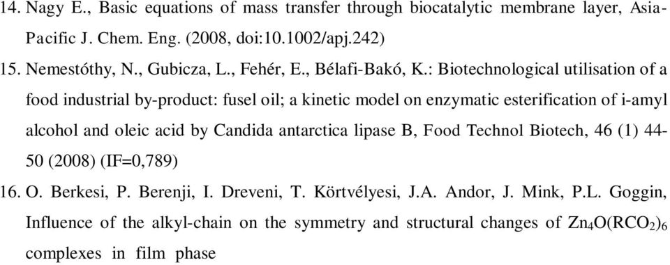 Biotech, 46 (1) 44-50 (2008) (IF=0,789) 16. O. Berkesi, P. Berenji, I. Dreveni, T. Körtvélyesi, J.A. Andor, J. Mink, P.L.