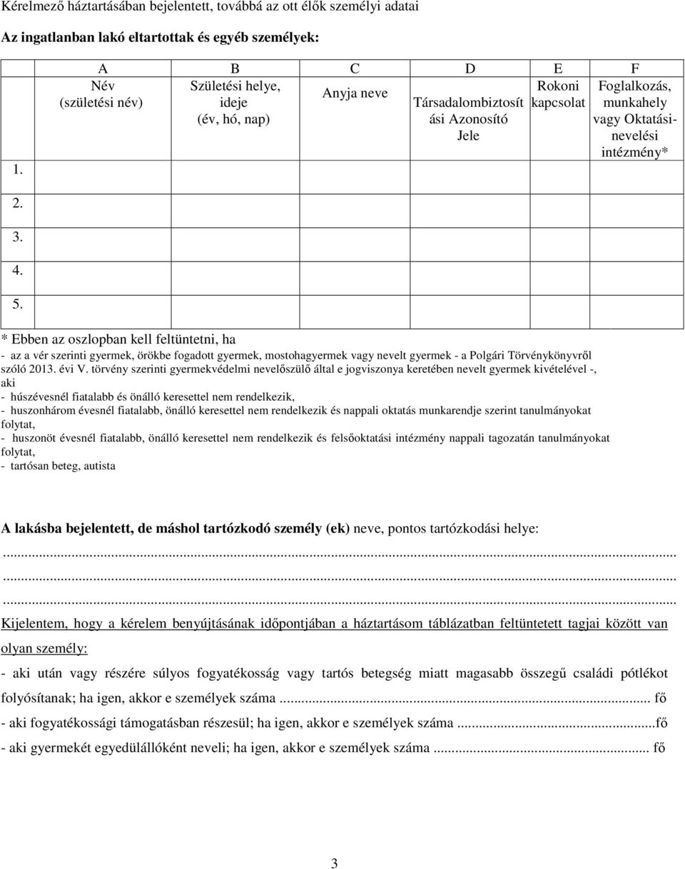 5. * Ebben az oszlopban kell feltüntetni, ha - az a vér szerinti gyermek, örökbe fogadott gyermek, mostohagyermek vagy nevelt gyermek - a Polgári Törvénykönyvrıl szóló 2013. évi V.