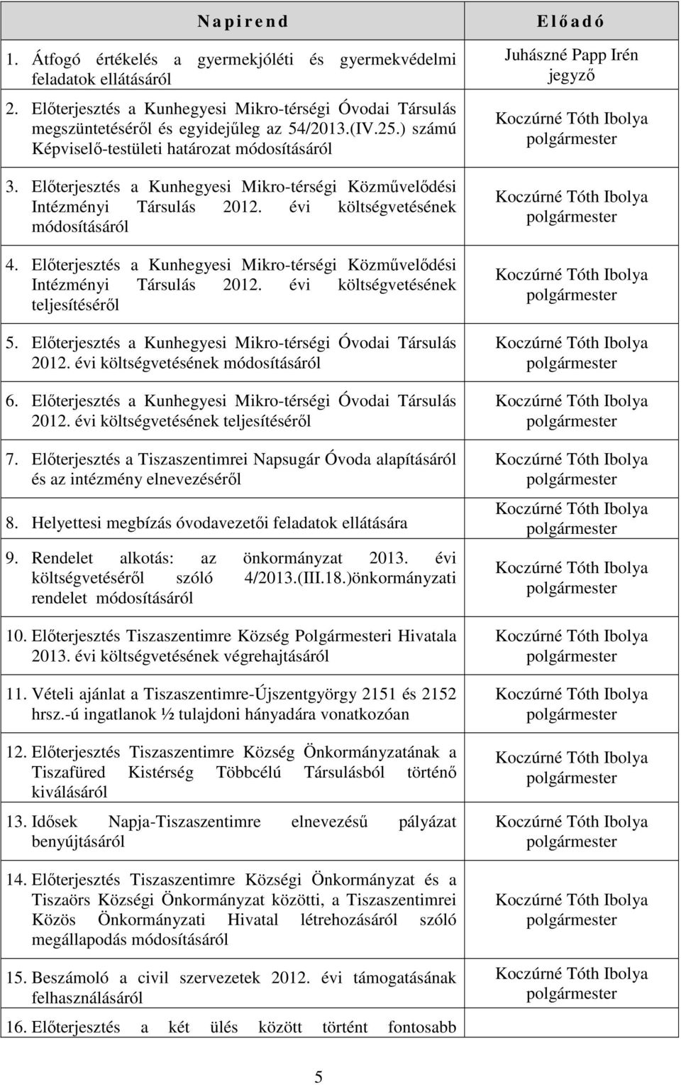 Elıterjesztés a Kunhegyesi Mikro-térségi Közmővelıdési Intézményi Társulás 2012. évi költségvetésének teljesítésérıl 5. Elıterjesztés a Kunhegyesi Mikro-térségi Óvodai Társulás 2012.