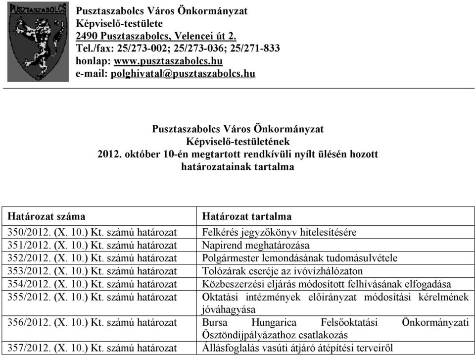 számú határozat Felkérés jegyzőkönyv hitelesítésére 351/2012. (X. 10.) Kt. számú határozat Napirend meghatározása 352/2012. (X. 10.) Kt. számú határozat Polgármester lemondásának tudomásulvétele 353/2012.