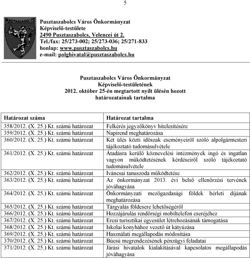 október 25-én megtartott nyílt ülésén hozott határozatainak tartalma Határozat száma Határozat tartalma 358/2012. (X. 25.) Kt. számú határozat Felkérés jegyzőkönyv hitelesítésére 359/2012. (X. 25.) Kt. számú határozat Napirend meghatározása 360/2012.