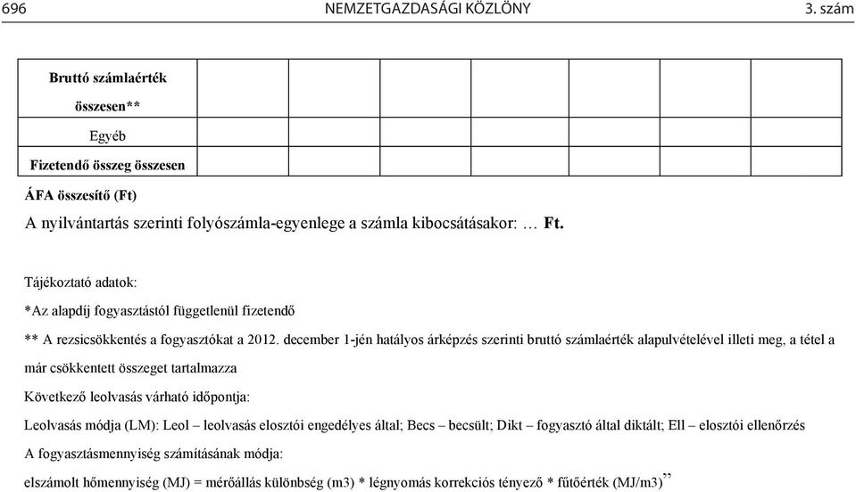 Tájékoztató adatok: *Az alapdíj fogyasztástól függetlenül fizetendő ** A rezsicsökkentés a fogyasztókat a 2012.