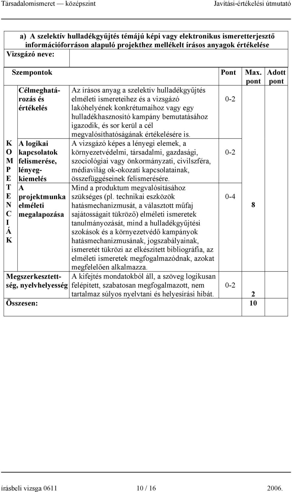 sor kerül a cél O M P T N C I Á A logikai kapcsolatok felismerése, lényegkiemelés A projektmunka elméleti megalapozása Megszerkesztettség, nyelvhelyesség megvalósíthatóságának értékelésére is.