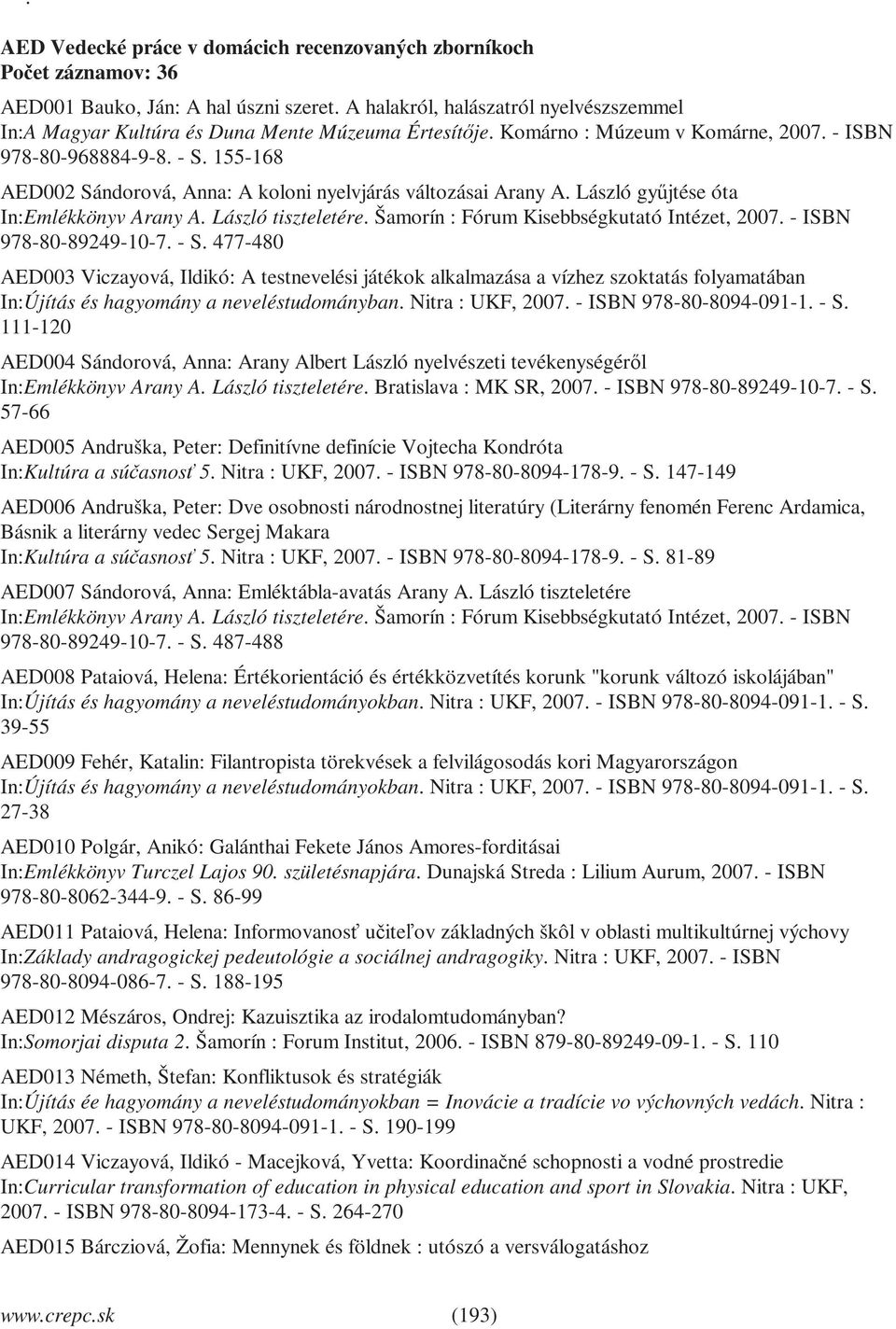 155-168 AED002 Sándorová, Anna: A koloni nyelvjárás változásai Arany A. László gyűjtése óta In:Emlékkönyv Arany A. László tiszteletére. Šamorín : Fórum Kisebbségkutató Intézet, 2007.