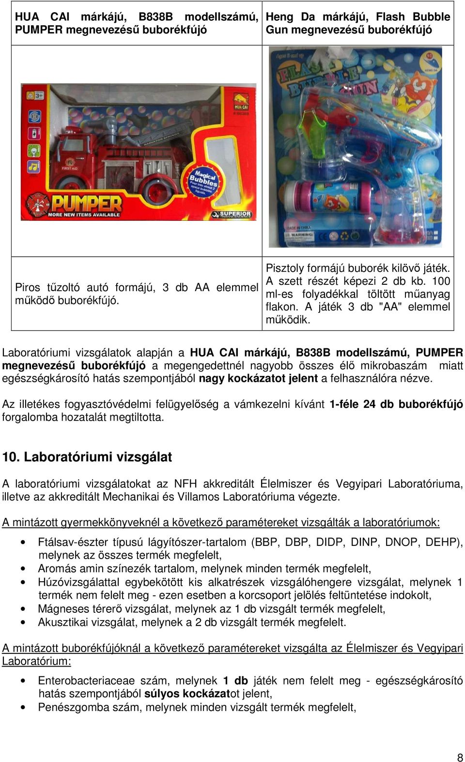 Laboratóriumi vizsgálatok alapján a HUA CAI márkájú, B3B modellszámú, PUMPER megnevezéső buborékfújó a megengedettnél nagyobb összes élı mikrobaszám miatt egészségkárosító hatás szempontjából nagy