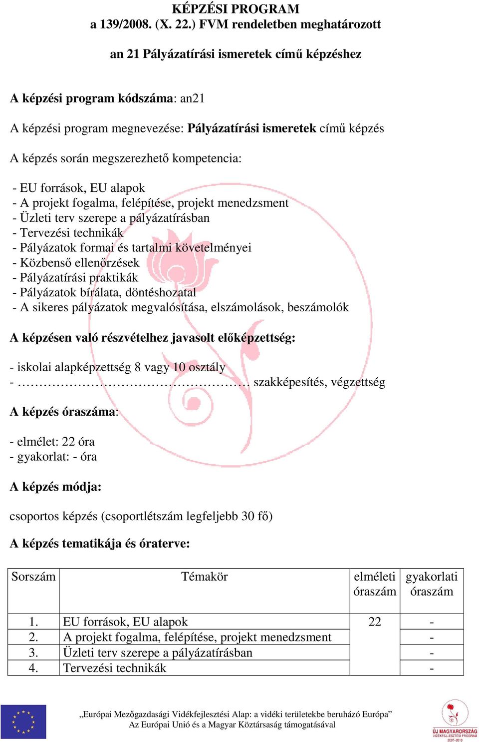 megszerezhető kompetencia: - EU források, EU alapok - A projekt fogalma, felépítése, projekt menedzsment - Üzleti terv szerepe a pályázatírásban - Tervezési technikák - Pályázatok formai és tartalmi