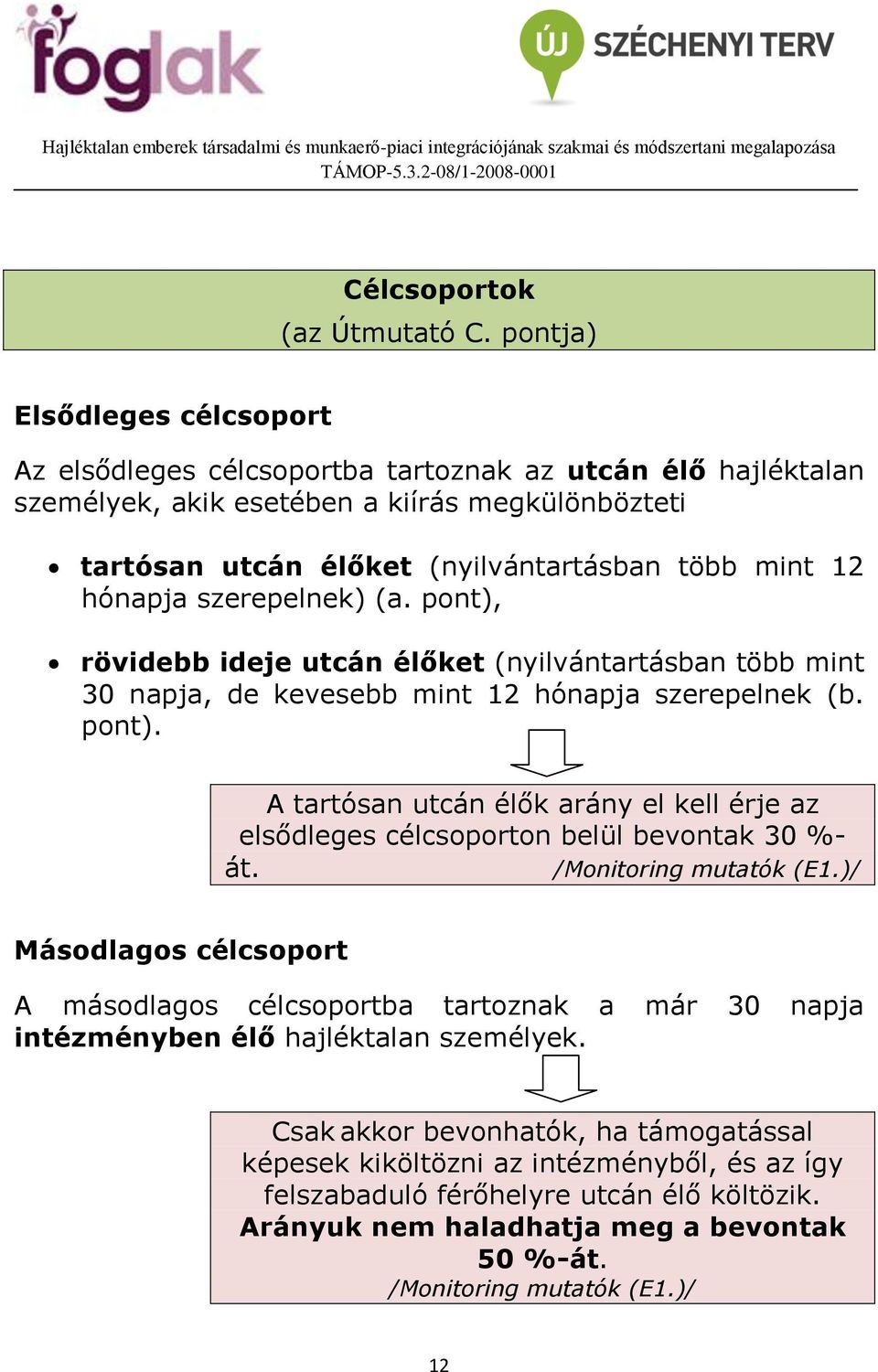 hónapja szerepelnek) (a. pont), rövidebb ideje utcán élőket (nyilvántartásban több mint 30 napja, de kevesebb mint 12 hónapja szerepelnek (b. pont). A tartósan utcán élők arány el kell érje az elsődleges célcsoporton belül bevontak 30 %- át.