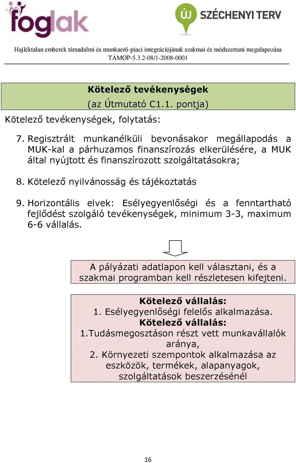 Kötelező nyilvánosság és tájékoztatás 9. Horizontális elvek: Esélyegyenlőségi és a fenntartható fejlődést szolgáló tevékenységek, minimum 3-3, maximum 6-6 vállalás.