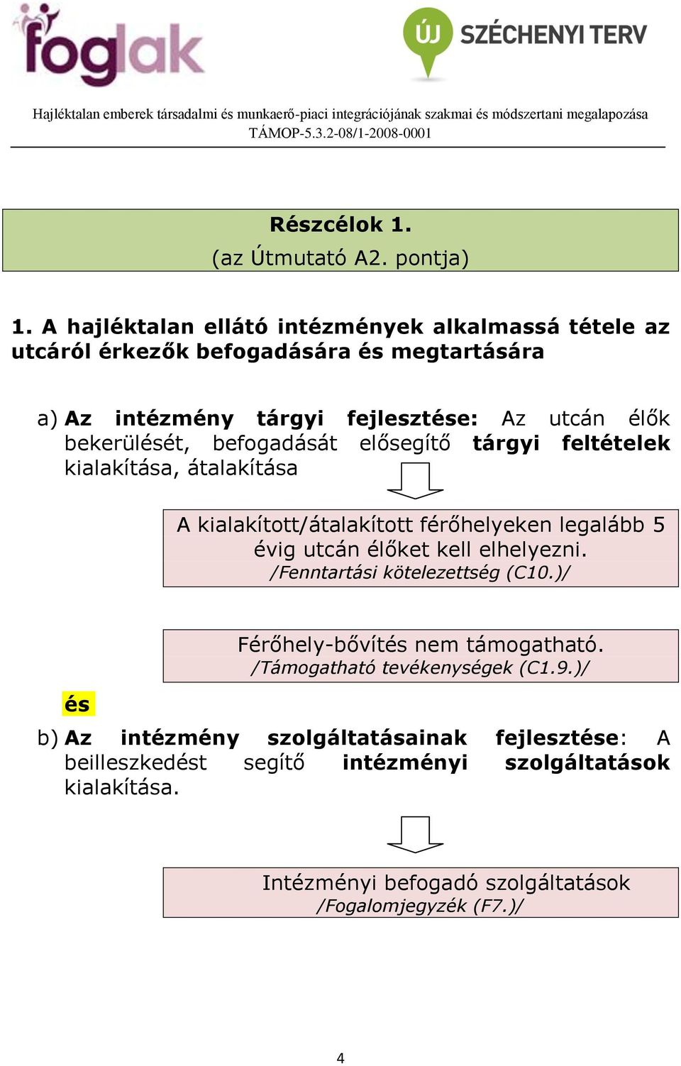 bekerülését, befogadását elősegítő tárgyi feltételek kialakítása, átalakítása A kialakított/átalakított férőhelyeken legalább 5 évig utcán élőket kell