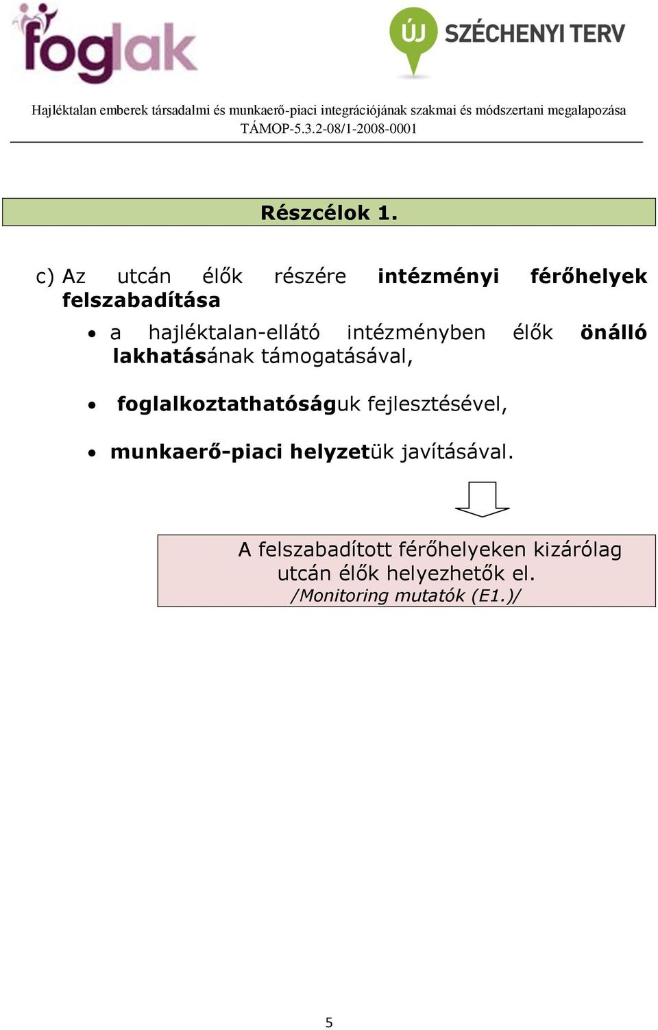 hajléktalan-ellátó intézményben élők önálló lakhatásának támogatásával,