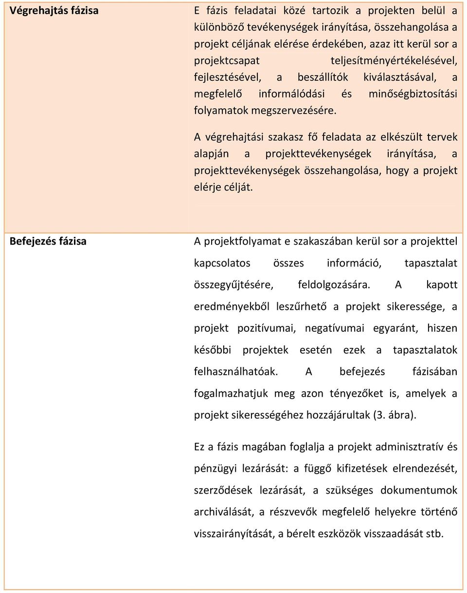 A végrehajtási szakasz fő feladata az elkészült tervek alapján a projekttevékenységek irányítása, a projekttevékenységek összehangolása, hogy a projekt elérje célját.