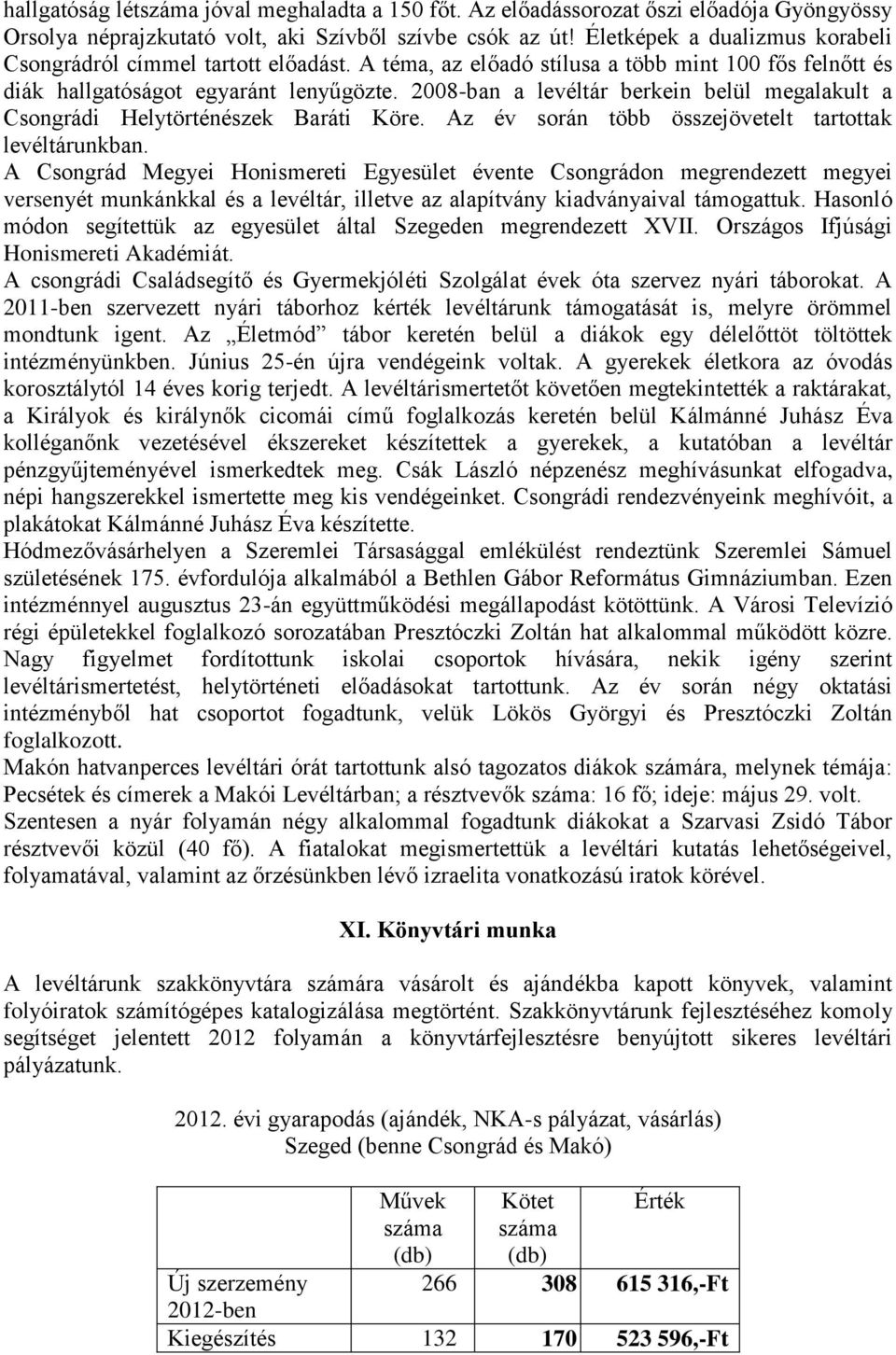 2008-ban a levéltár berkein belül megalakult a Csongrádi Helytörténészek Baráti Köre. Az év során több összejövetelt tartottak levéltárunkban.