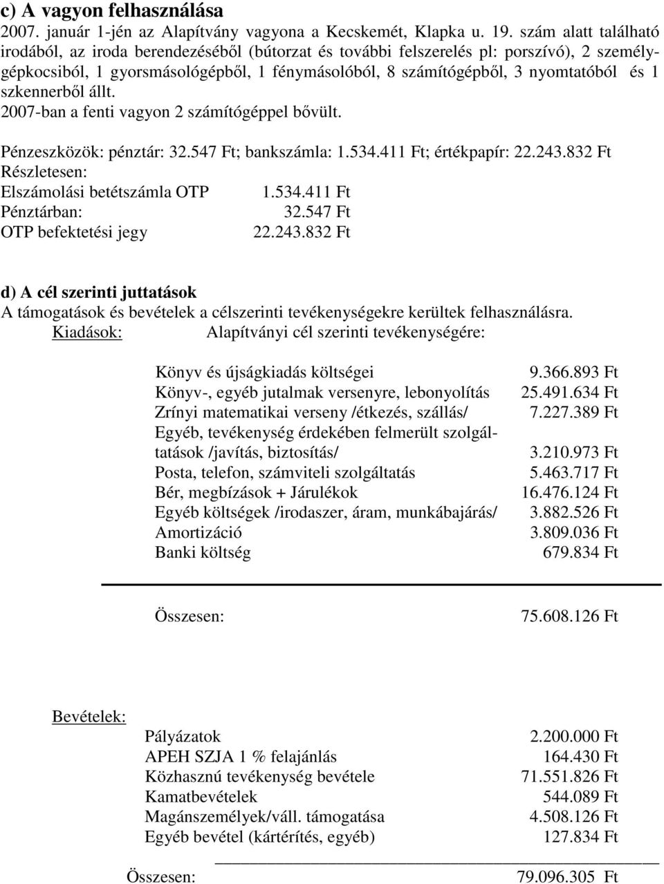 szkennerből állt. 2007-ban a fenti vagyon 2 számítógéppel bővült. Pénzeszközök: pénztár: 32.547 Ft; bankszámla: 1.534.411 Ft; értékpapír: 22.243.832 Ft Részletesen: Elszámolási betétszámla OTP 1.534.411 Ft Pénztárban: 32.