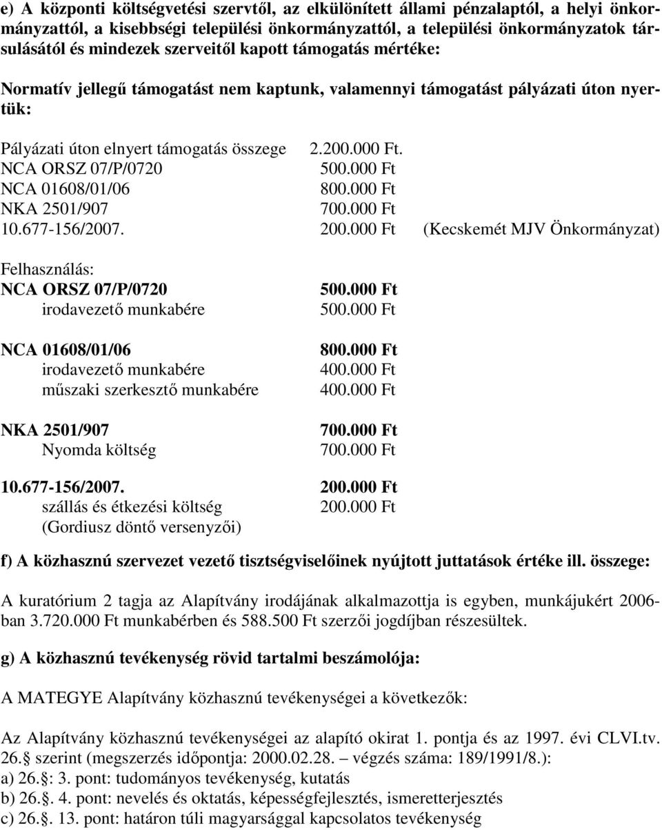 NCA ORSZ 07/P/0720 NCA 01608/01/06 800.000 Ft NKA 2501/907 10.677-156/2007. 200.