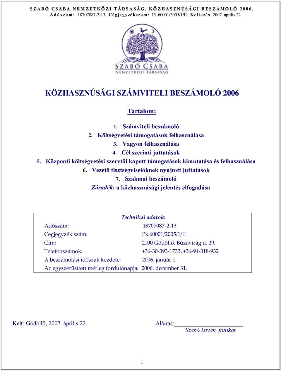 Szakmai beszámoló Záradék: a közhasznúsági jelentés elfogadása Technikai adatok: Adósz{m: 18707087-2-13 Cégjegyzék sz{m: Pk.