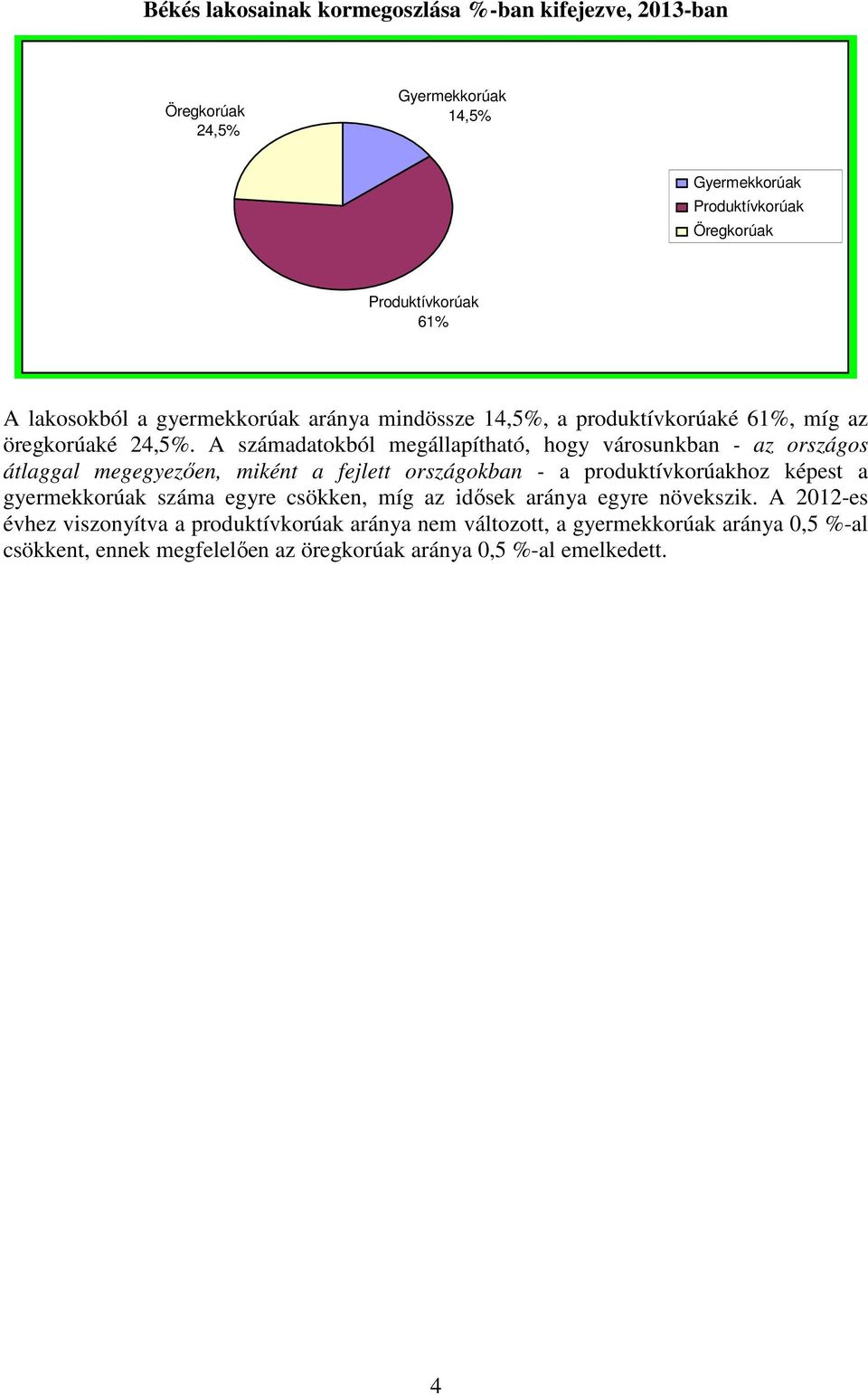 A számadatokból megállapítható, hogy városunkban - az országos átlaggal megegyezően, miként a fejlett országokban - a produktívkorúakhoz képest a gyermekkorúak