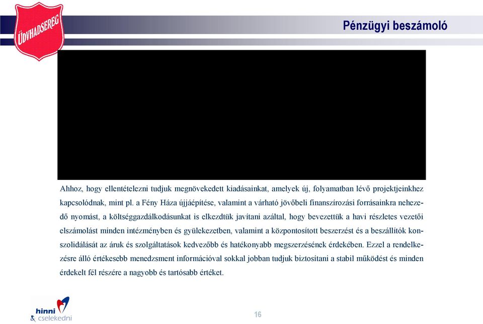 a Fény Háza újjáépítése, valamint a várható jövőbeli finanszírozási forrásainkra nehezedő nyomást, a költséggazdálkodásunkat is elkezdtük javítani azáltal, hogy bevezettük a havi részletes vezetői