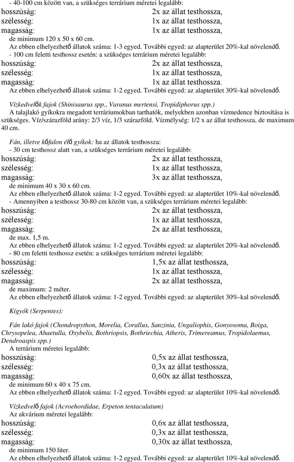 - 100 cm feletti testhossz esetén: a szükséges terrárium méretei legalább: 2x az állat testhossza, 1x az állat testhossza, 1x az állat testhossza. Az ebben elhelyezhet ő állatok száma: 1-2 egyed.