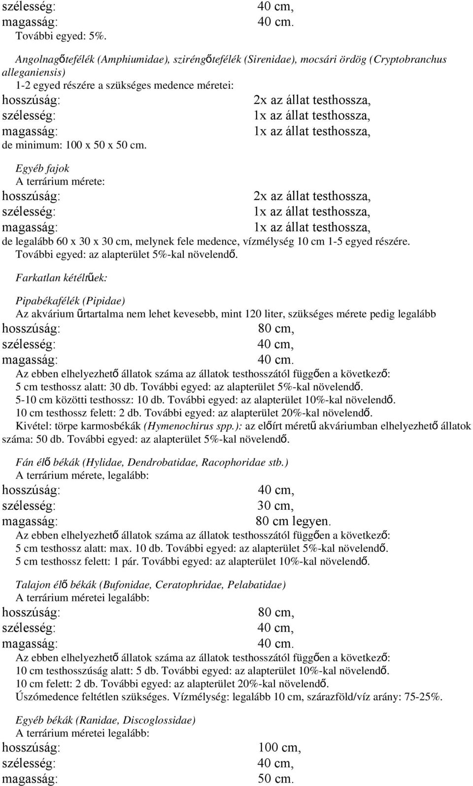 testhossza, 1x az állat testhossza, de minimum: 100 x 50 x 50 cm.