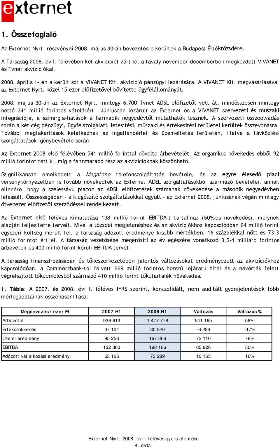 megvásárlásával az Externet Nyrt. közel 15 ezer előfizetővel bővítette ügyfélállományát. 2008. május 30-án az Externet Nyrt. mintegy 6.