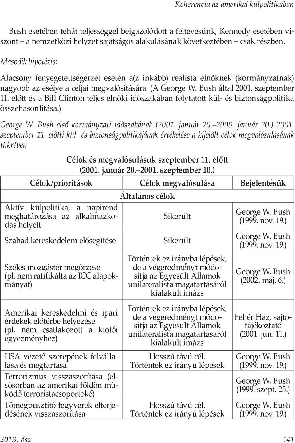 előtt és a Bill Clinton teljes elnöki időszakában folytatott kül- és biztonságpolitika összehasonlítása.) első kormányzati időszakának (2001. január 20. 2005. január 20.) 2001. szeptember 11.