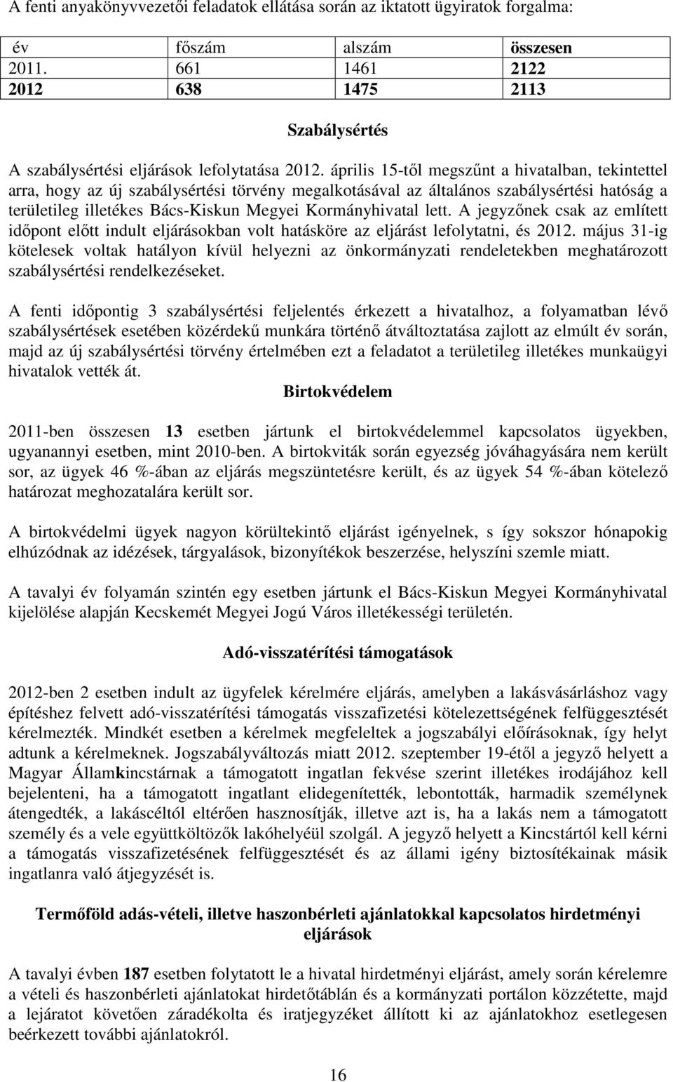 április 15-tıl megszőnt a hivatalban, tekintettel arra, hogy az új szabálysértési törvény megalkotásával az általános szabálysértési hatóság a területileg illetékes Bács-Kiskun Megyei Kormányhivatal