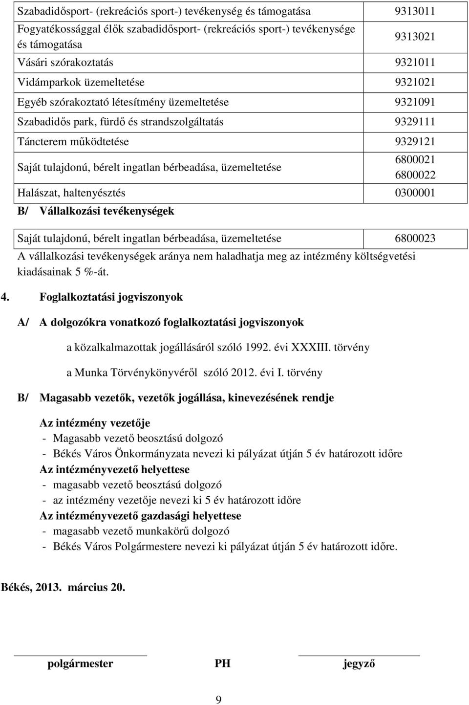 ingatlan bérbeadása, üzemeltetése 6800021 6800022 Halászat, haltenyésztés 0300001 B/ Vállalkozási tevékenységek Saját tulajdonú, bérelt ingatlan bérbeadása, üzemeltetése 6800023 A vállalkozási