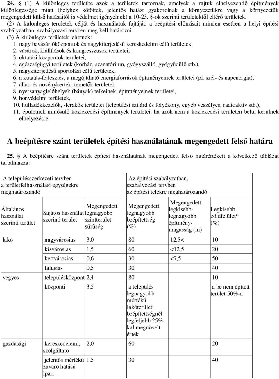 (2) A különleges területek célját és használatuk fajtáját, a beépítési előírásait minden esetben a helyi építési szabályzatban, szabályozási tervben meg kell határozni.