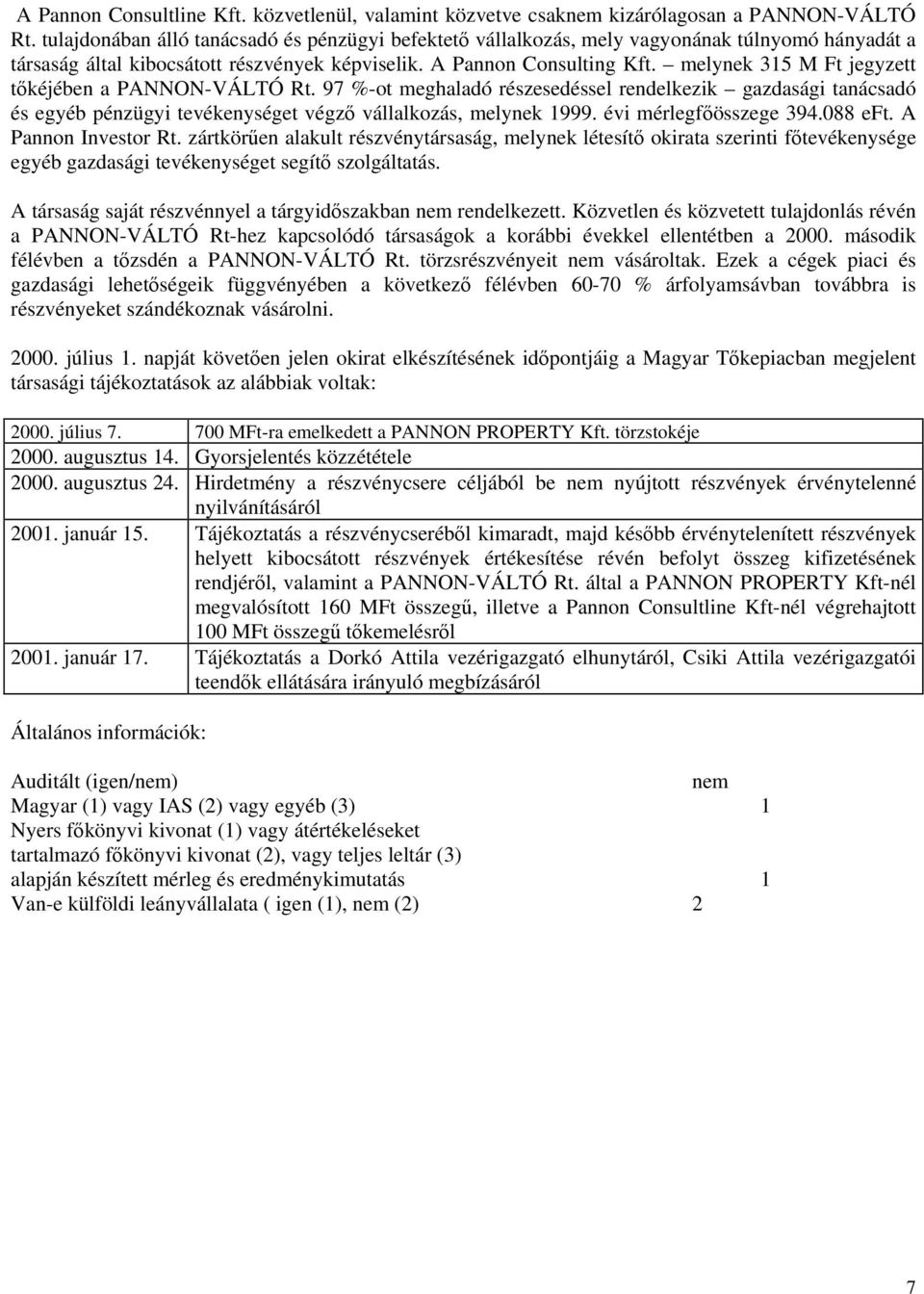 melynek 315 M Ft jegyzett tőkéjében a PANNON-VÁLTÓ Rt. 97 %-ot meghaladó részesedéssel rendelkezik gazdasági tanácsadó és egyéb pénzügyi tevékenységet végző vállalkozás, melynek 1999.