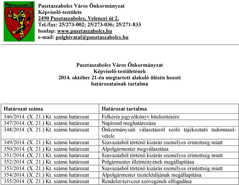 számú határozat Felkérés jegyzőkönyv hitelesítésére 347/2014. (X. 21.) Kt. számú határozat Napirend meghatározása 348/2014. (X. 21.) Kt. számú határozat Önkormányzati választásról szóló tájékoztató tudomásulvétele 349/2014.