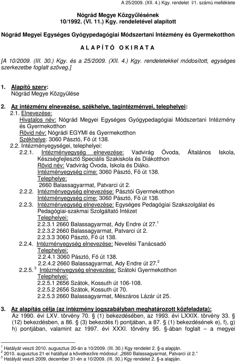 és a 25/2009. (XII. 4.) Kgy. rendeletekkel módosított, egységes szerkezetbe foglalt szöveg.] 1. Alapító szerv: Nógrád Megye Közgyőlése 2.