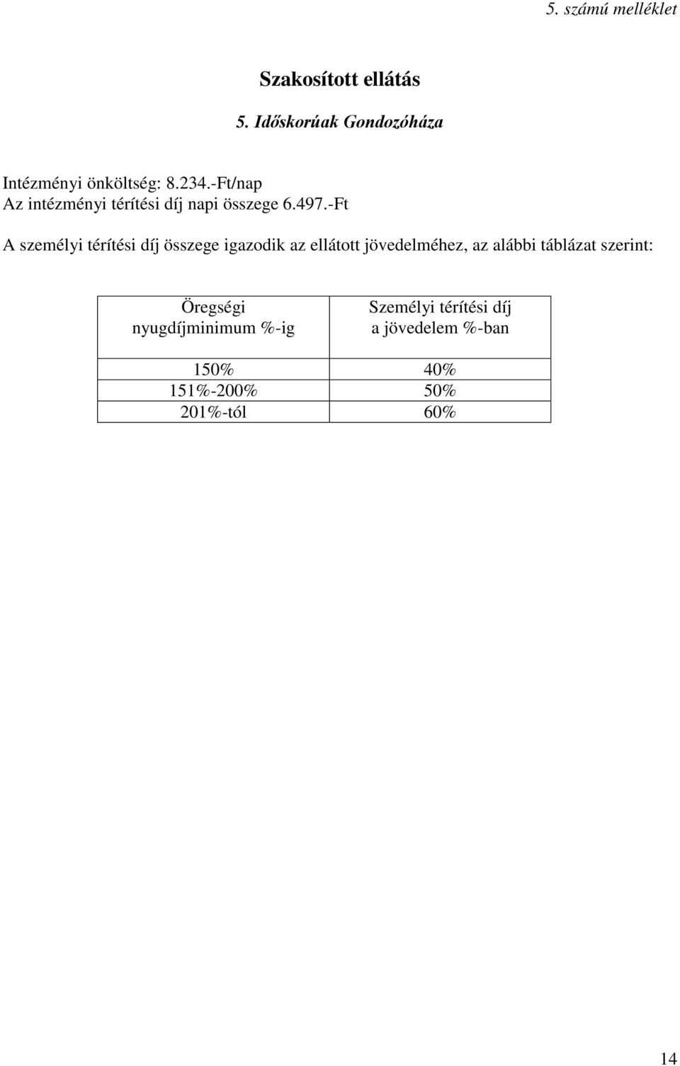 -Ft A személyi térítési díj összege igazodik az ellátott jövedelméhez, az alábbi