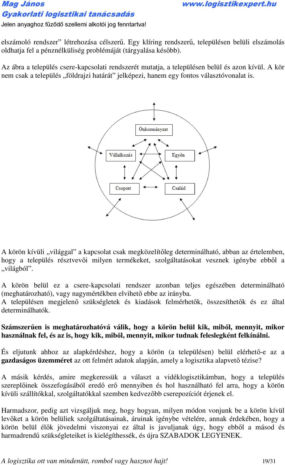 A körön kívüli világgal a kapcsolat csak megközelítőleg determinálható, abban az értelemben, hogy a település résztvevői milyen termékeket, szolgáltatásokat vesznek igénybe ebből a világból.