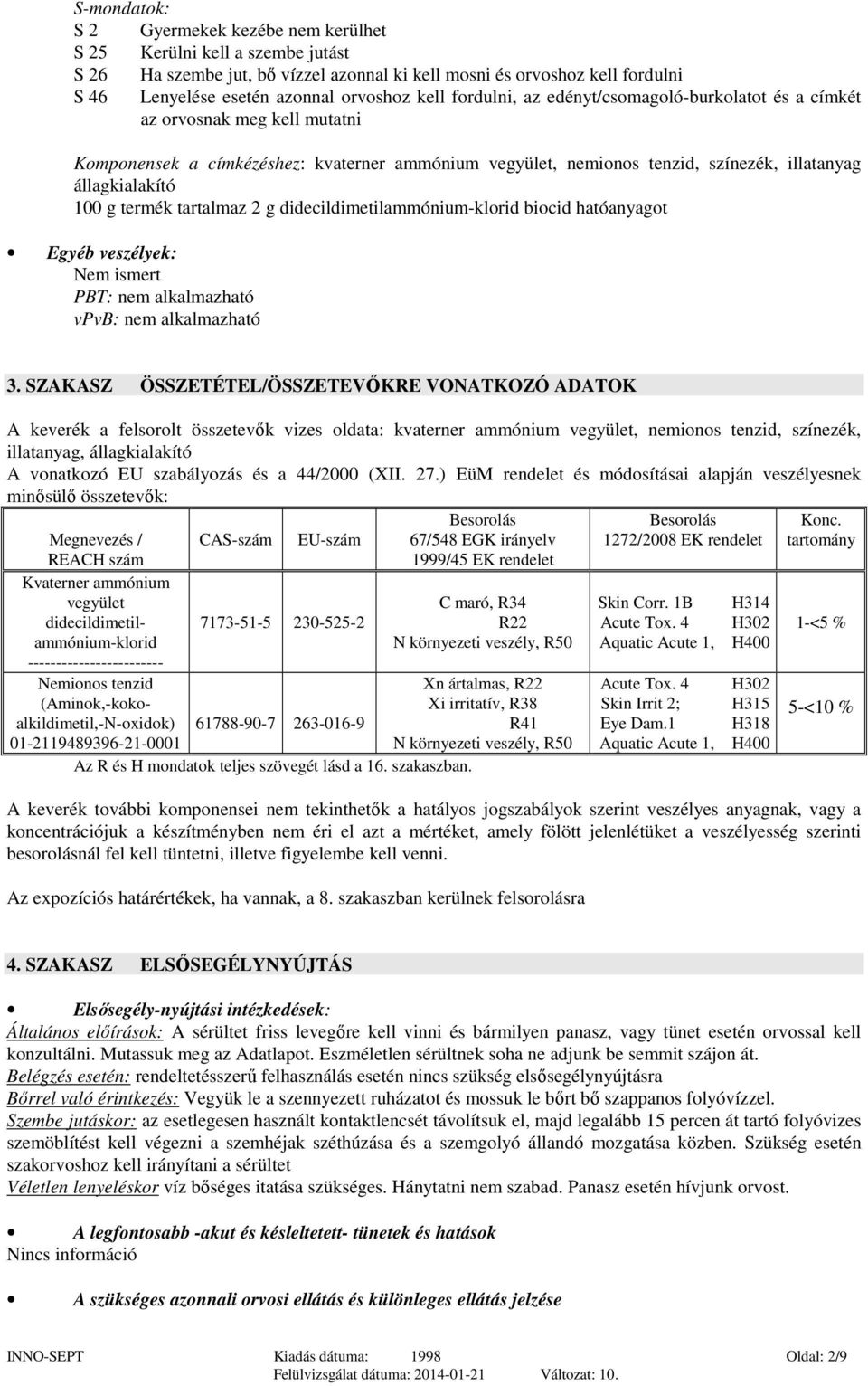 g termék tartalmaz 2 g didecildimetilammónium-klorid biocid hatóanyagot Egyéb veszélyek: Nem ismert PBT: vpvb: 3.