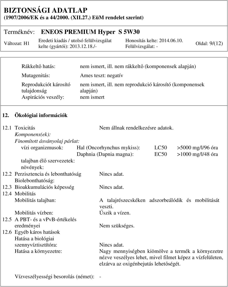 Komponens(ek): Finomított ásványolaj párlat: vízi organizmusok: Hal (Oncorhynchus mykiss): LC50 >5000 mg/l/96 óra Daphnia (Dapnia magna): EC50 >1000 mg/l/48 óra talajban élő szervezetek: növények: 12.