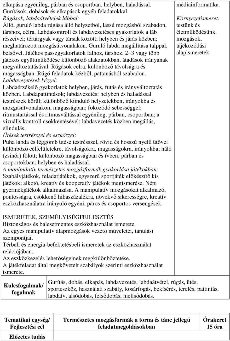 Labdakontroll és labdavezetéses gyakorlatok a láb részeivel; tértárgyak vagy társak között; helyben és járás közben; meghatározott mozgásútvonalakon. Guruló labda megállítása talppal, belsővel.