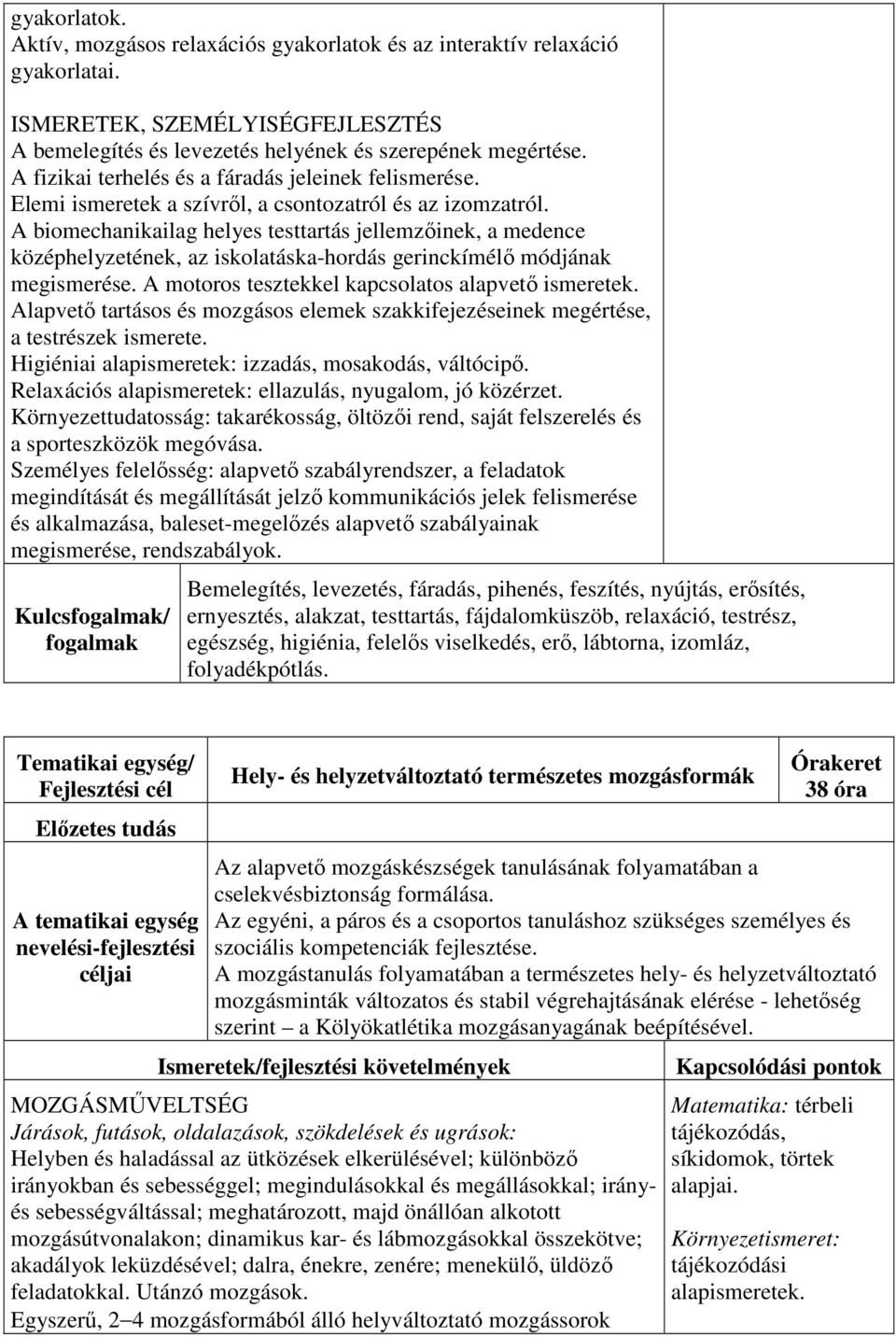 A biomechanikailag helyes testtartás jellemzőinek, a medence középhelyzetének, az iskolatáska-hordás gerinckímélő módjának megismerése. A motoros tesztekkel kapcsolatos alapvető ismeretek.