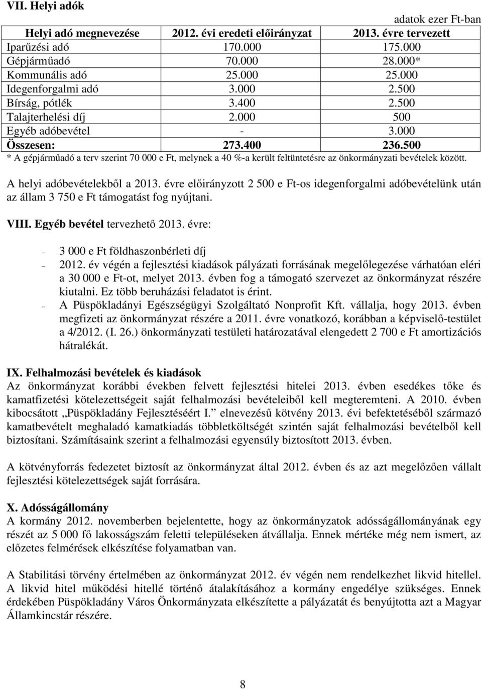 500 * A gépjárműadó a terv szerint 70 000 e Ft, melynek a 40 %-a került feltüntetésre az önkormányzati bevételek között. A helyi adóbevételekből a 2013.